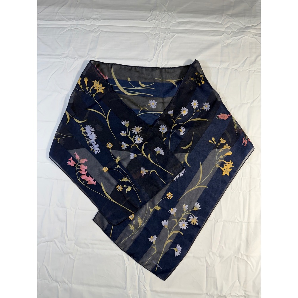 Liz Claiborne Long Scarf Navy Sheer Floral Shadow Stripe Cottagecore 56x11.5